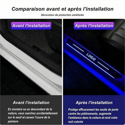 Seuils de porte LED Nissan 7 couleurs aimantés étanches IP67 - packshot studio - Becquet Voiture