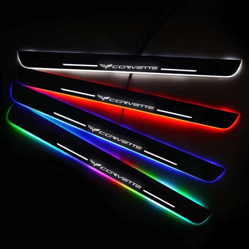 Seuils porte LED Corvette étanches logo personnalisable 7 couleurs - vue de face - Becquet Voiture