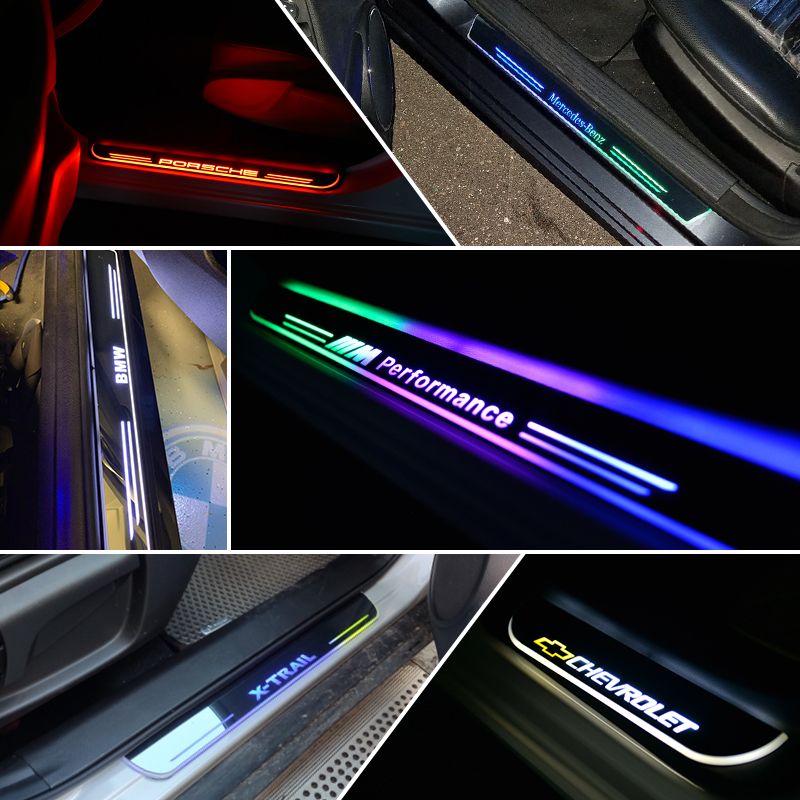 Seuils porte LED Corvette étanches logo personnalisable 7 couleurs - vue de profil - Becquet Voiture