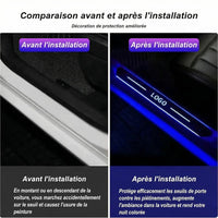 Seuils porte LED Corvette étanches logo personnalisable 7 couleurs - vue de trois-quarts - Becquet Voiture