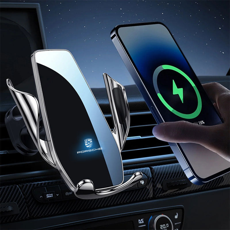 Support Téléphone Chargeur Sans Fil Porsche 15W Qi - vue de face - Becquet Voiture