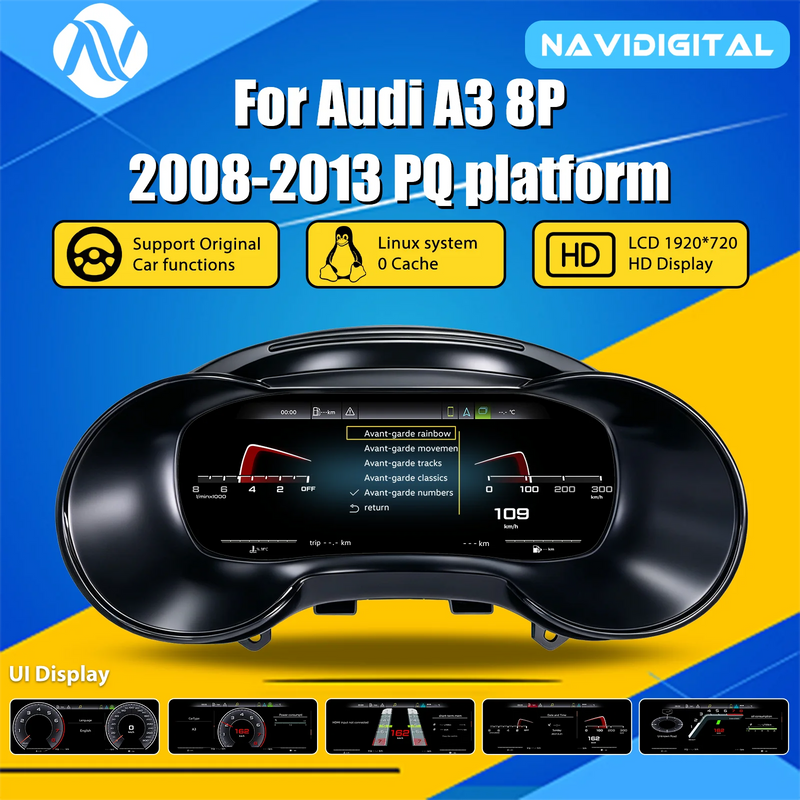 Digital Instrument Cluster Audi A3 8-Door 2008-2013 - front view - Becquet Voiture