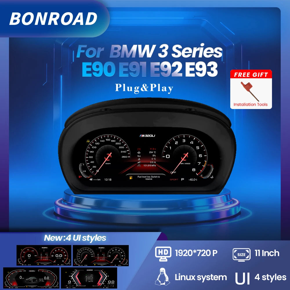 Tableau de Bord Numérique BMW E90 E91 E92 CarPlay 11 Pouces - vue de face - Becquet Voiture