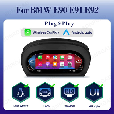 Tableau de Bord Numérique BMW E90 E91 E92 CarPlay 11 Pouces - vue rapprochée - Becquet Voiture