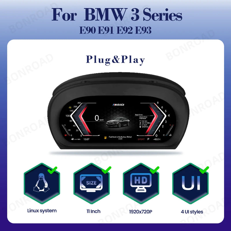 Tableau de Bord Numérique BMW E90 E91 E92 CarPlay - vue rapprochée - Becquet Voiture