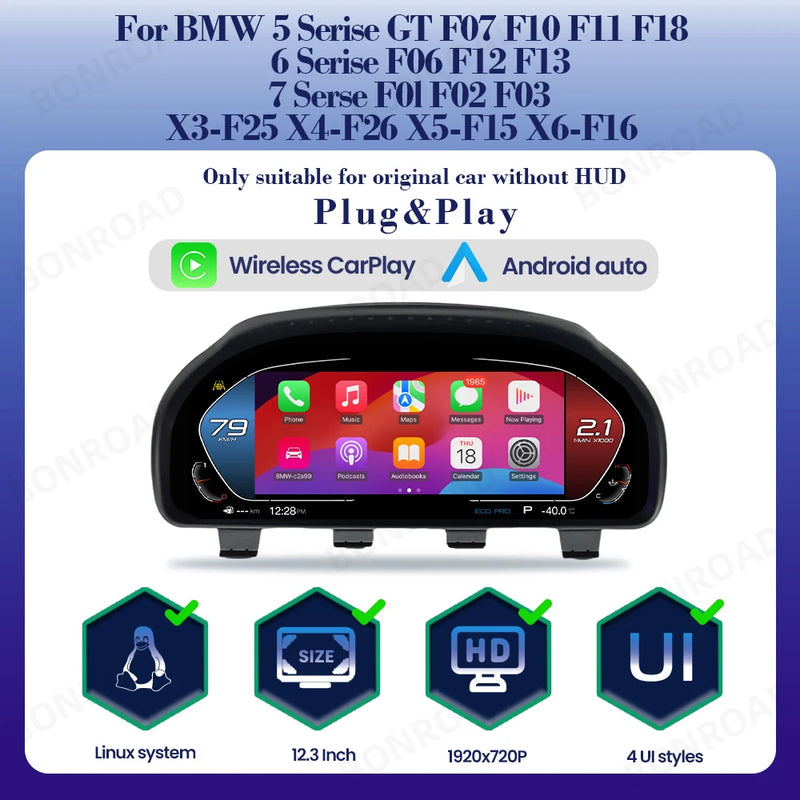 Tableau de Bord Numérique BMW F10 F11 CarPlay Android Auto - vue rapprochée - Becquet Voiture