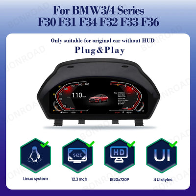 Tableau de Bord Numérique BMW Série 3 4 F30 CarPlay Android Auto - vue rapprochée - Becquet Voiture