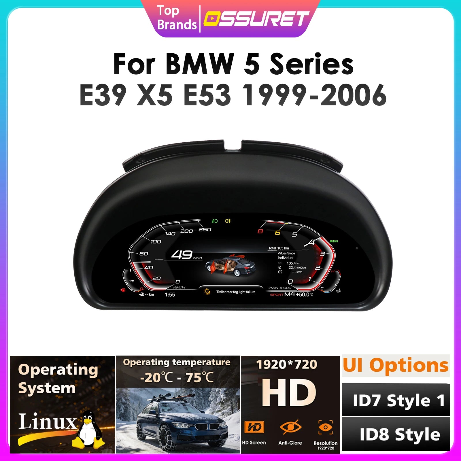 Tableau de Bord Numérique BMW Série 5 E39 X5 E53 (réf. 2) - vue de face - Becquet Voiture