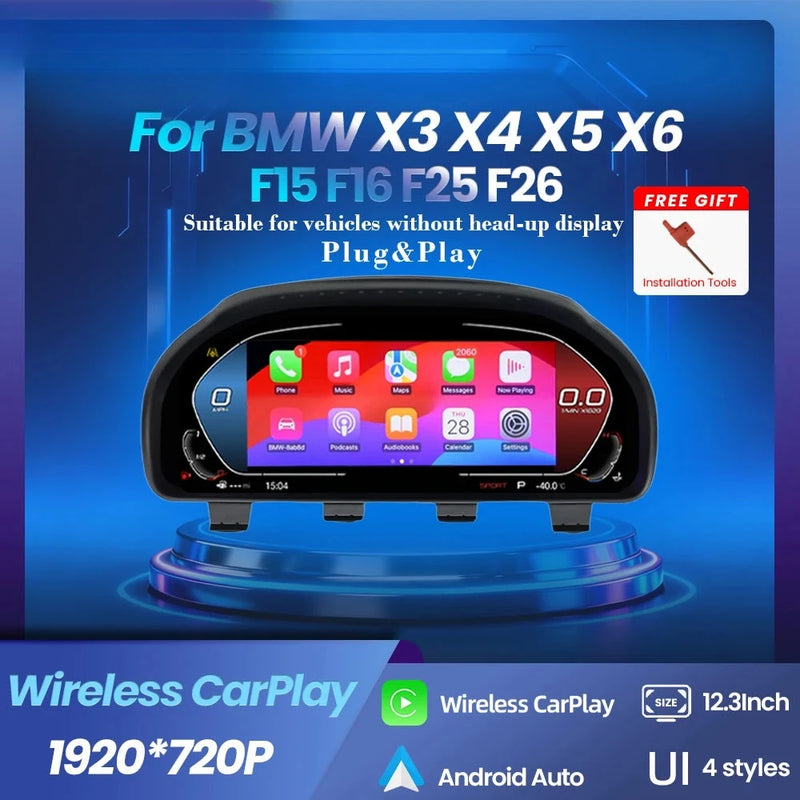 12.3-inch Digital Instrument Cluster for BMW X3 X4 X5 X6 under Linux - front view - Becquet Voiture