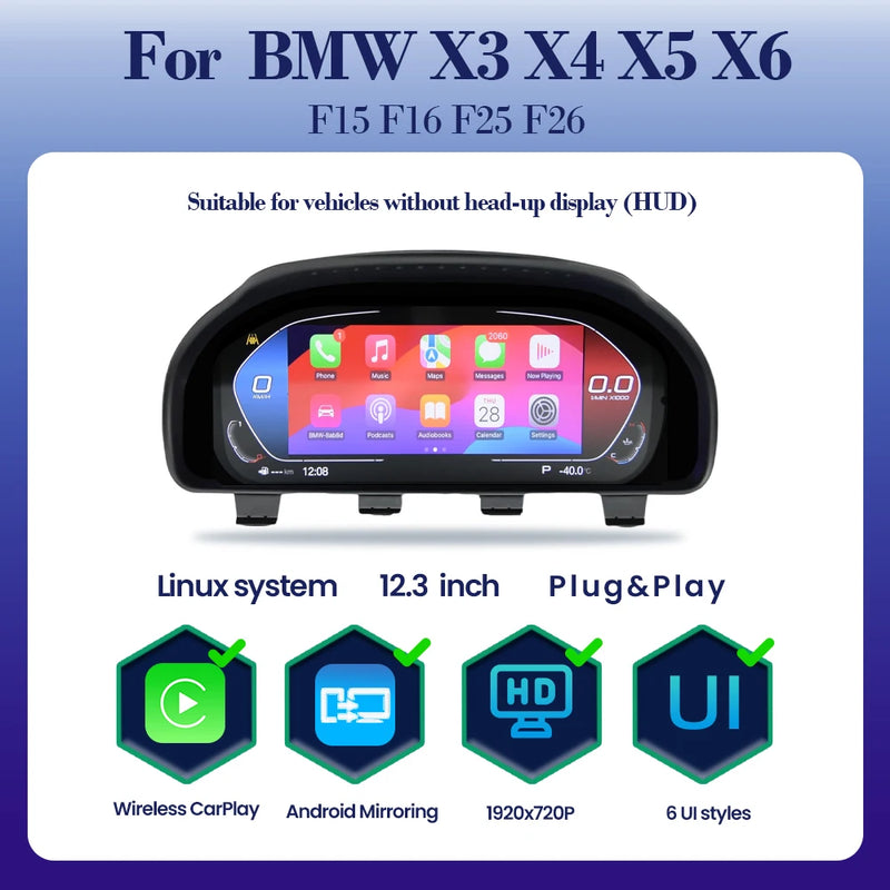 12.3-inch Digital Instrument Cluster for BMW X3 X4 X5 X6 under Linux - close-up view - Becquet Voiture