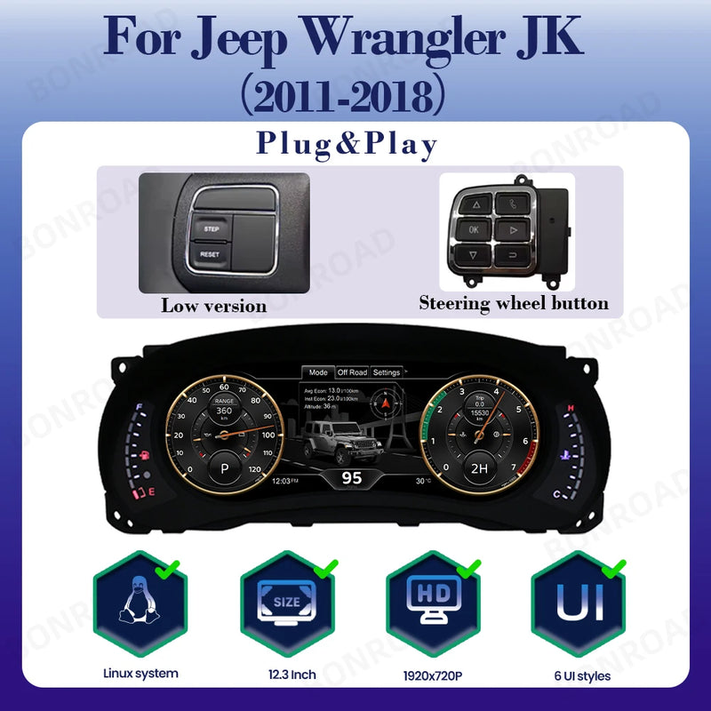Tableau de Bord Numérique Jeep Wrangler JK 2011-2018 - vue rapprochée - Becquet Voiture