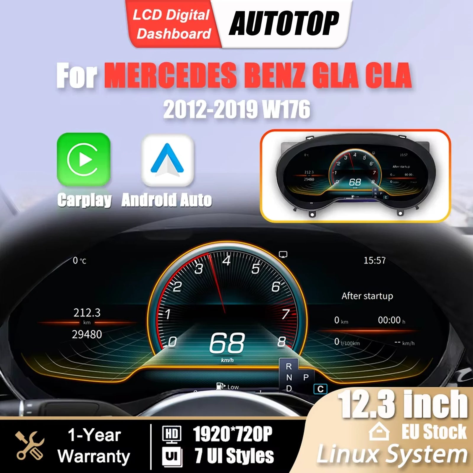 Tableau de Bord Numérique Mercedes Classe A GLA CLA 2012-2019 - vue de face - Becquet Voiture