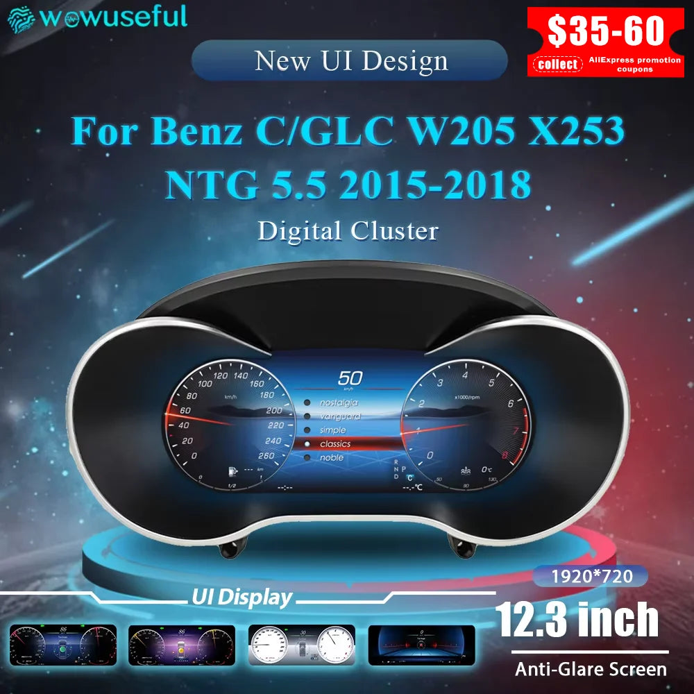 Tableau de Bord Numérique Mercedes Classe C W205 GLC 2015-2018 - vue de face - Becquet Voiture