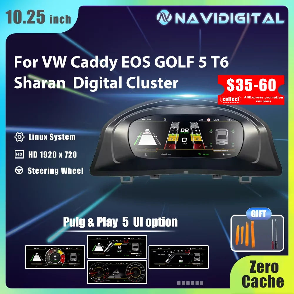 Tableau de Bord Numérique Volkswagen Caddy Touran Golf 5 - vue de face - Becquet Voiture