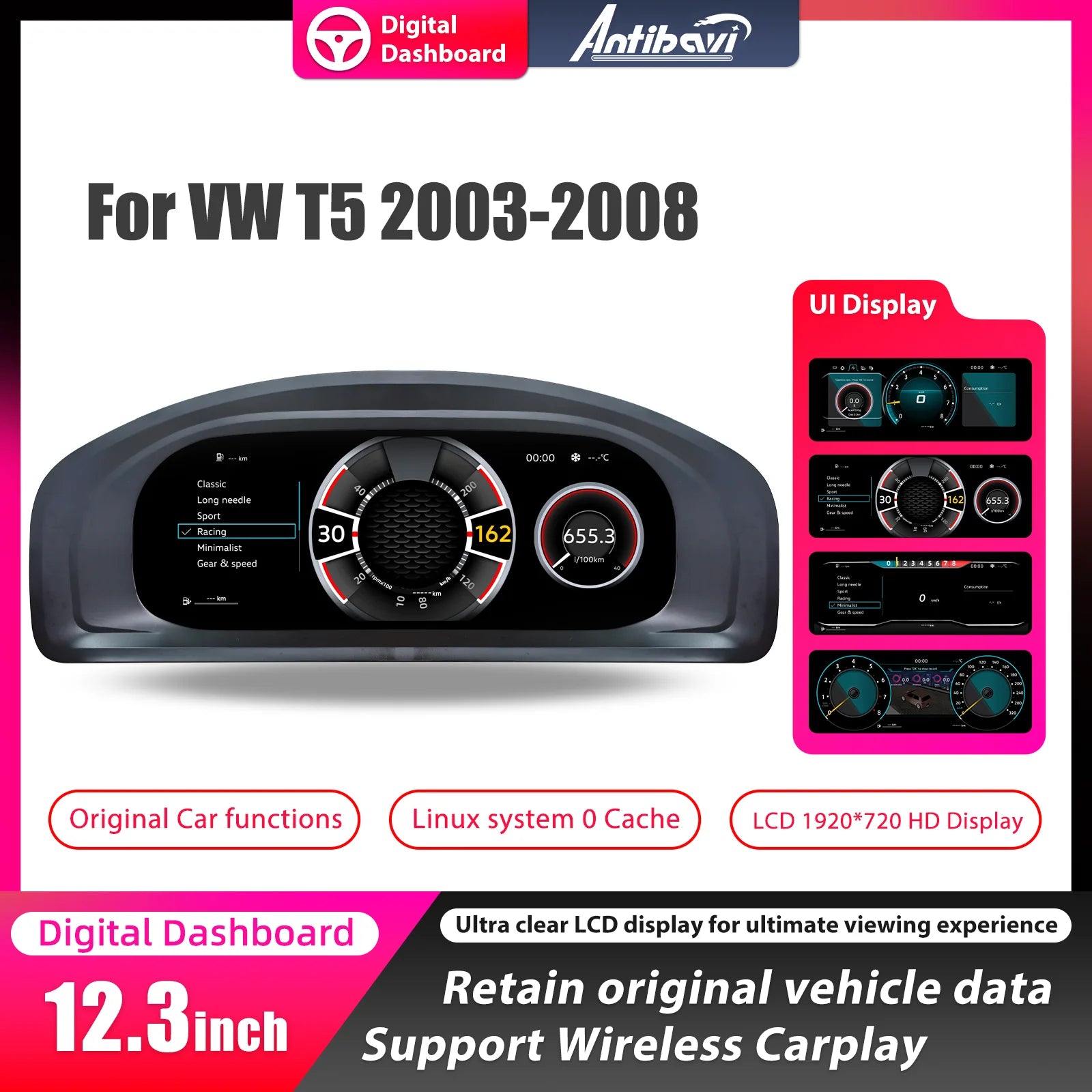 Tableau de Bord Numérique Volkswagen T5 2003-2008 - vue de face - Becquet Voiture