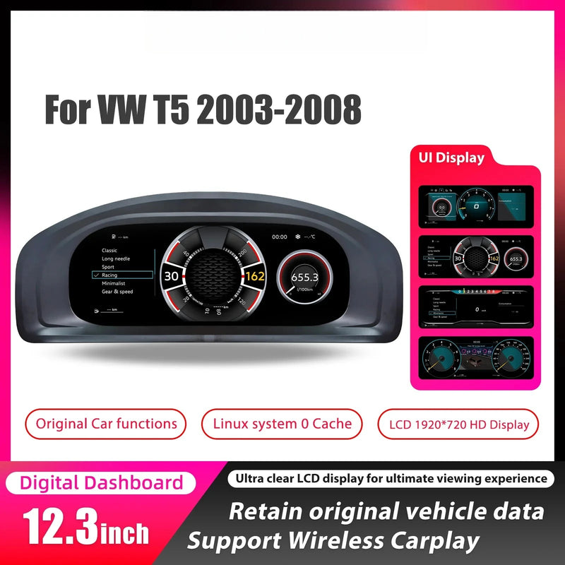 Volkswagen T5 2003-2008 Digital Dashboard - front view - Becquet Voiture