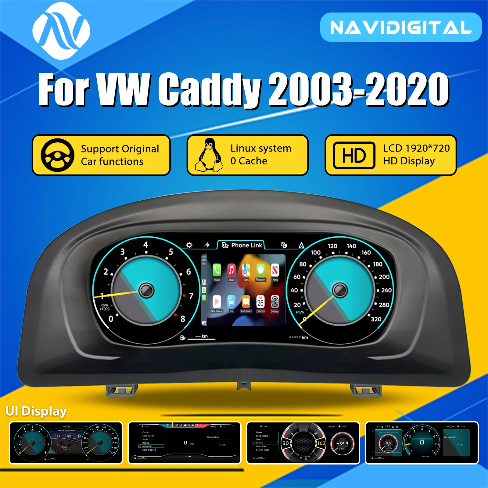 Tableau de Bord Numérique VW Caddy 2003-2020 - vue de face - Becquet Voiture