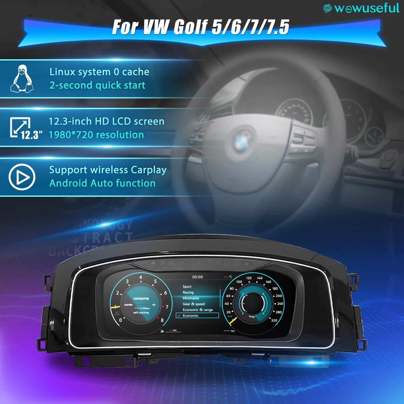 Tableau de Bord Numérique VW Golf 5 Golf 6 Golf 7 - vue de face - Becquet Voiture