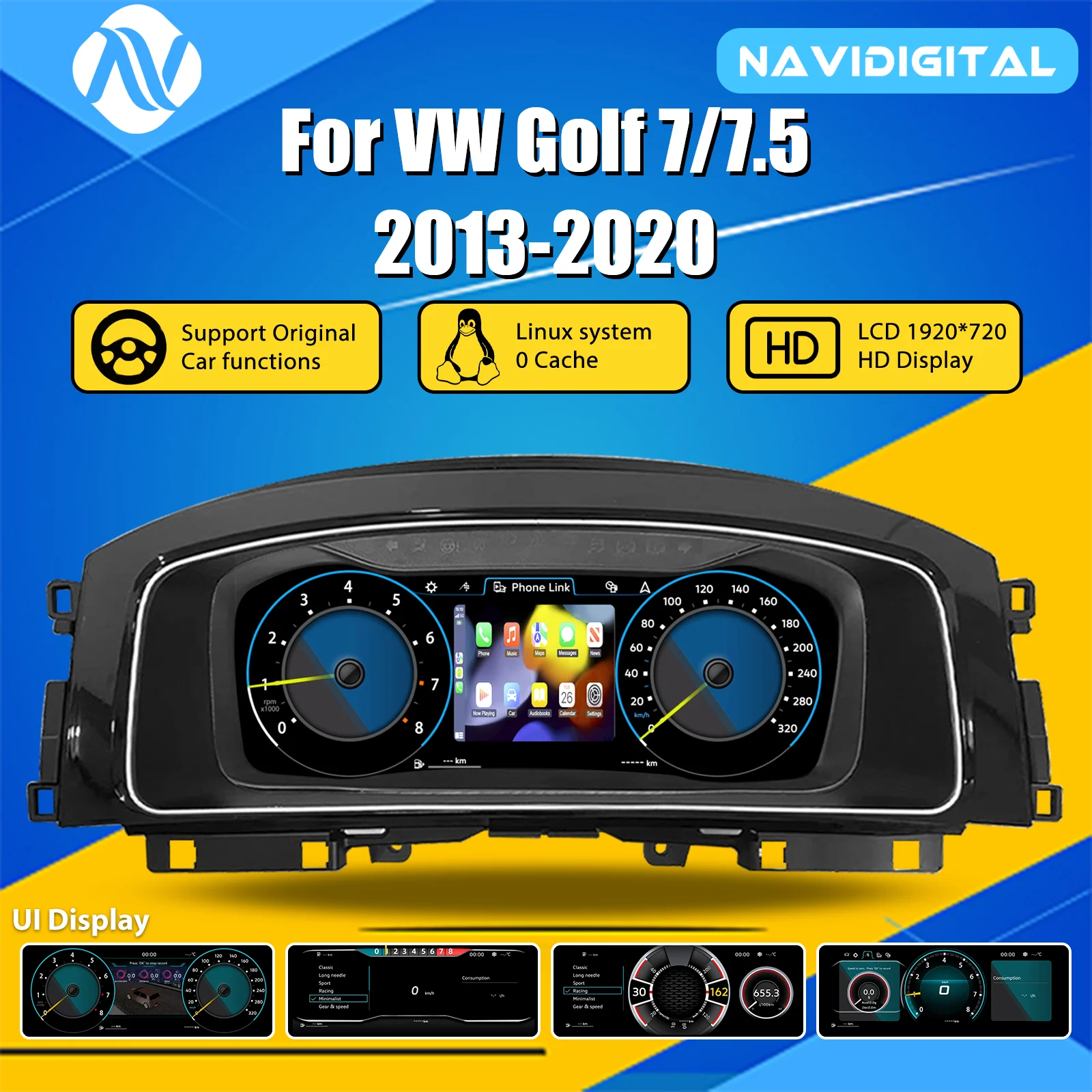 Tableau de Bord Numérique VW Golf 7 7.5 2013-2020 - vue de face - Becquet Voiture