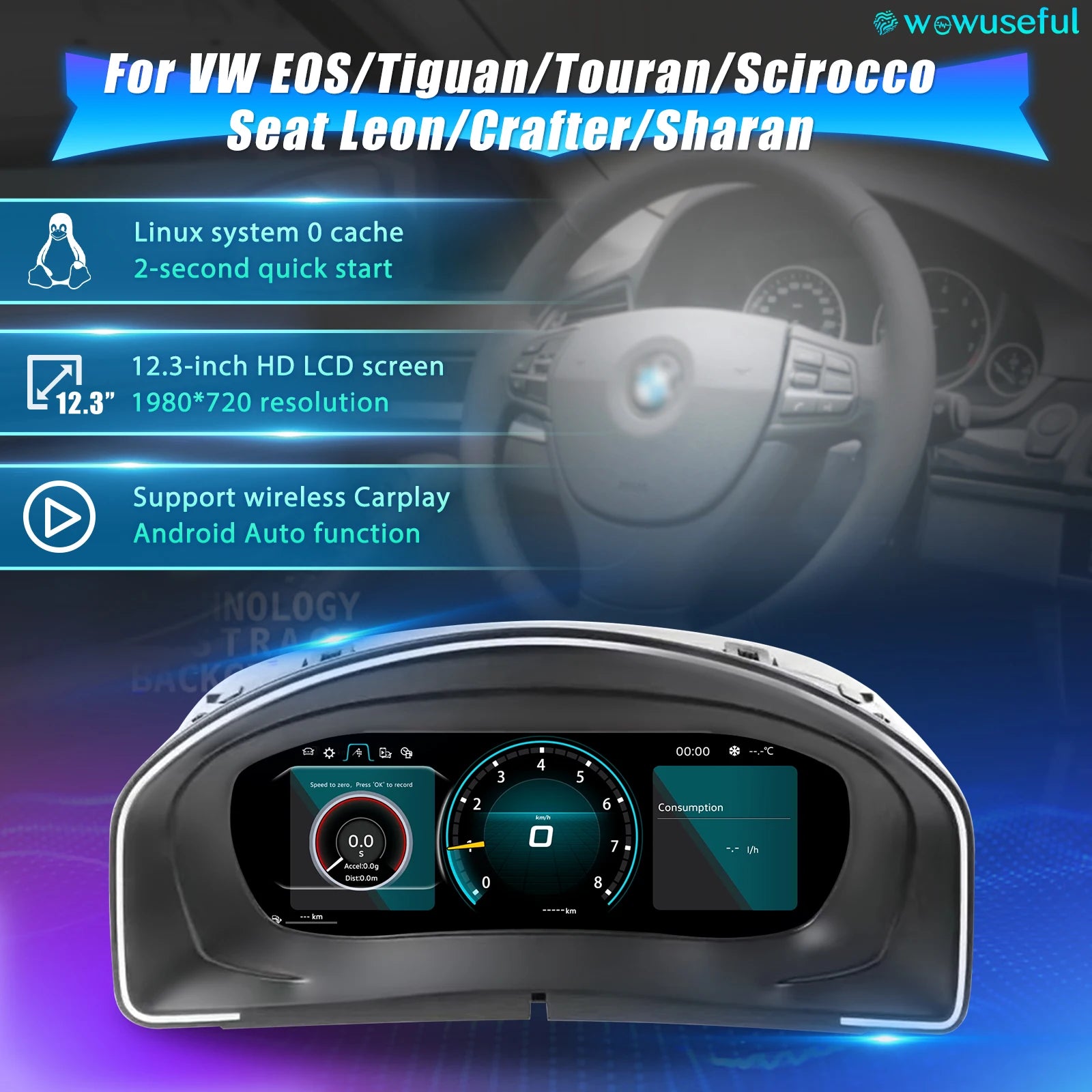 Tableau de Bord Numérique VW Touran Scirocco Sharan - vue de face - Becquet Voiture