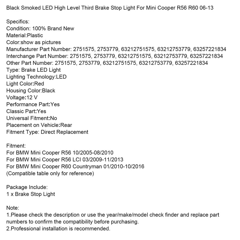 Troisième Feu Stop Haut Noir Fumé LED Mini Cooper R56 - vue de trois-quarts - Becquet Voiture