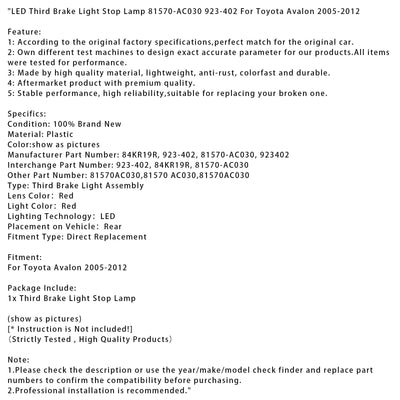 Troisième Feu Stop LED Toyota Avalon 2005-2012 81570-AC030 - installé sur véhicule 2 - Becquet Voiture