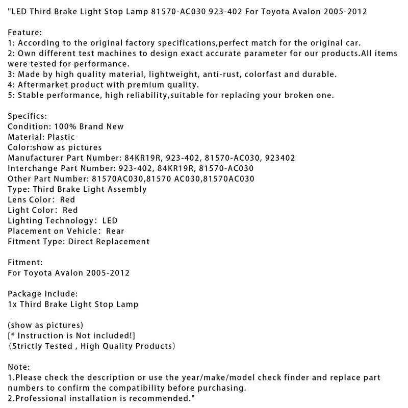 Troisième Feu Stop LED Toyota Avalon 2005-2012 81570-AC030 - installé sur véhicule 2 - Becquet Voiture