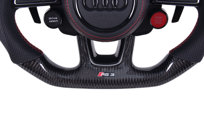 Volant Audi RS3 A3 S3 A4 A5 8Y Carbone Cuir V4 - vue de trois-quarts - Becquet Voiture