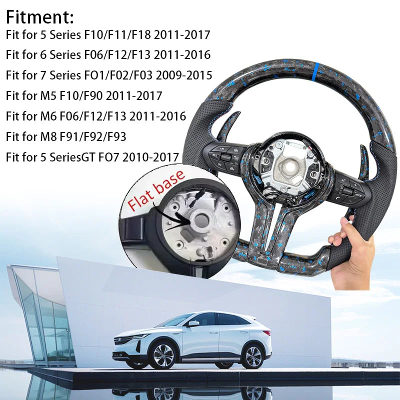 Volant Carbone Forgé Bleu BMW F30 F10 F20 E90 - vue rapprochée - Becquet Voiture