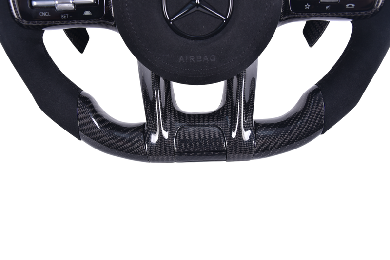 Mercedes AMG Carbon Alcantara LED Steering Wheel 2014-2022 - three-quarter view - Becquet Voiture