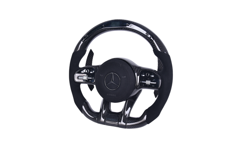 Mercedes AMG Carbon Alcantara LED Steering Wheel 2014-2022 - close-up view - Becquet Voiture