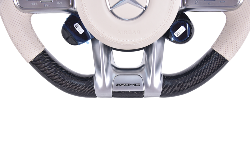 Mercedes AMG Leather Alcantara Carbon Steering Wheel 2014-2022 - three-quarter view - Becquet Voiture