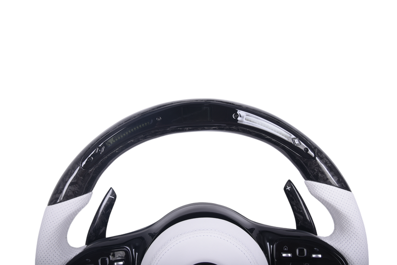 Volant Mercedes AMG Cuir Blanc Carbone 2014-2022 - vue de trois-quarts - Becquet Voiture