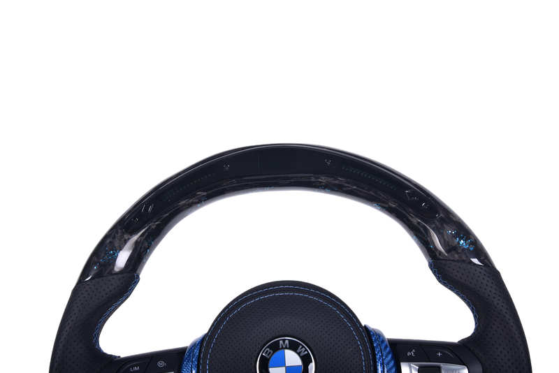 BMW F Series Forged Carbon Leather LED Sport Steering Wheel - three-quarter view - Becquet Voiture