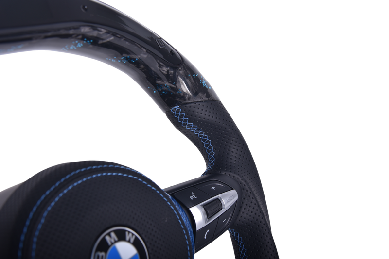 BMW F Series Forged Carbon Leather LED Sport Steering Wheel - close-up view - Becquet Voiture