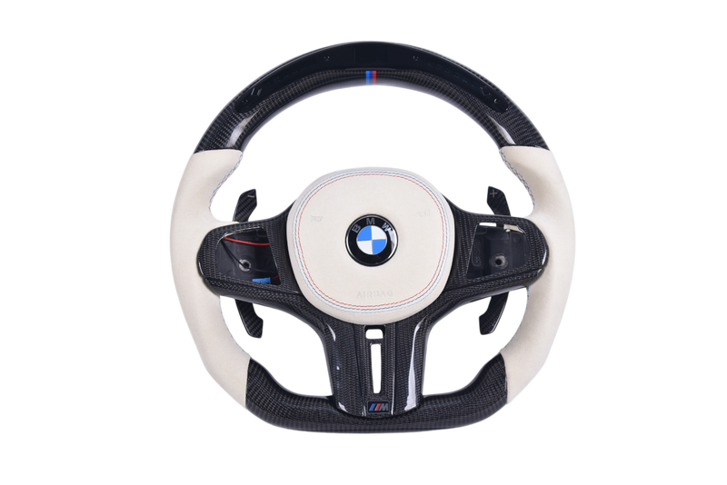 Volant Sport BMW Série G Carbone Blanc Alcantara LED - vue de face - Becquet Voiture