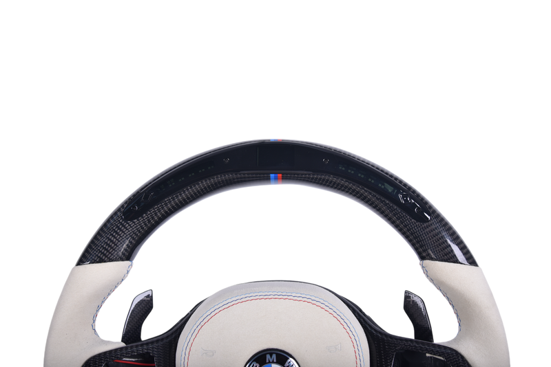 Volant Sport BMW Série G Carbone Blanc Alcantara LED - vue de trois-quarts - Becquet Voiture