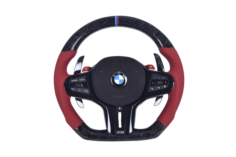 Volant Sport BMW Série G Cuir Rouge Sans Boutons M - vue de face - Becquet Voiture