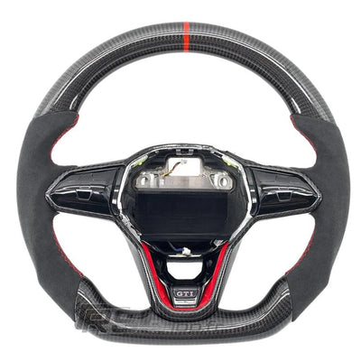 Volant Sport VW Golf 8 GTI R Carbone Alcantara Surpiqures - détail du montage - Becquet Voiture