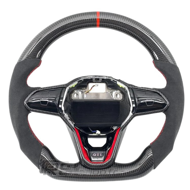 Volant Sport VW Golf 8 GTI R Carbone Alcantara Surpiqures - détail du montage - Becquet Voiture