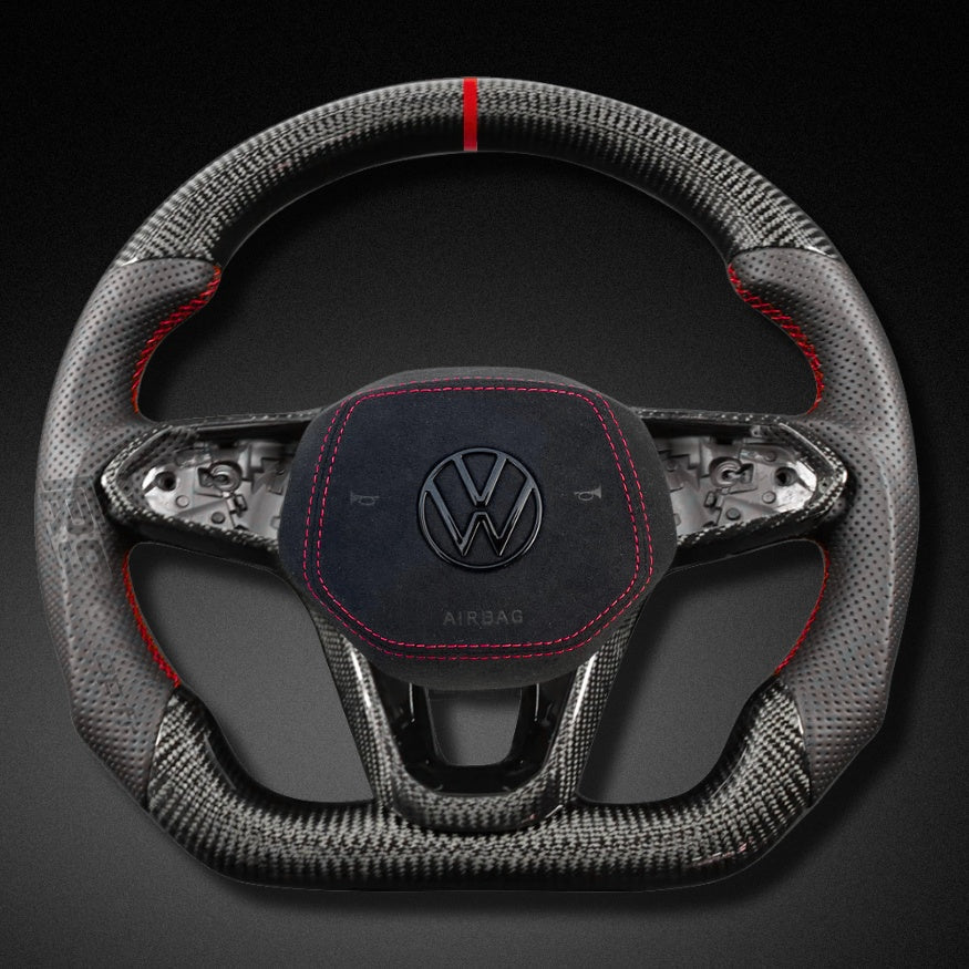 Volant Sport VW Golf 8 GTI R Carbone Alcantara Surpiqures - vue de face - Becquet Voiture