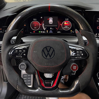 Volant Sport VW Golf 8 GTI R Carbone Alcantara Surpiqures - vue de profil - Becquet Voiture