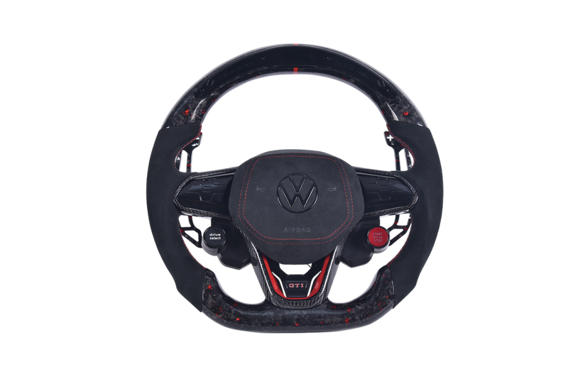 Volant Volkswagen Golf 8 Carbone Forgé Rouge LED - vue de face - Becquet Voiture
