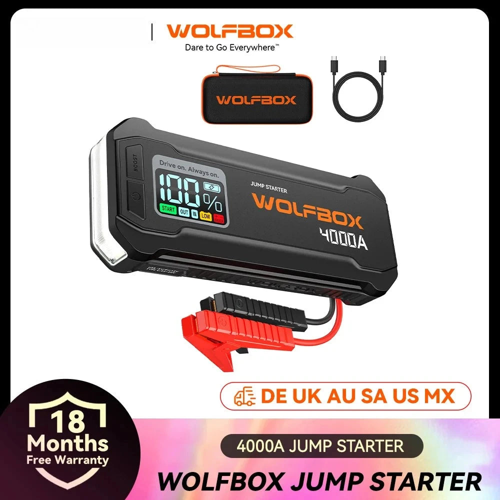 WOLFBOX JS24 Démarreur de Batterie Voiture 4000A 24000mAh - vue de face - Becquet Voiture